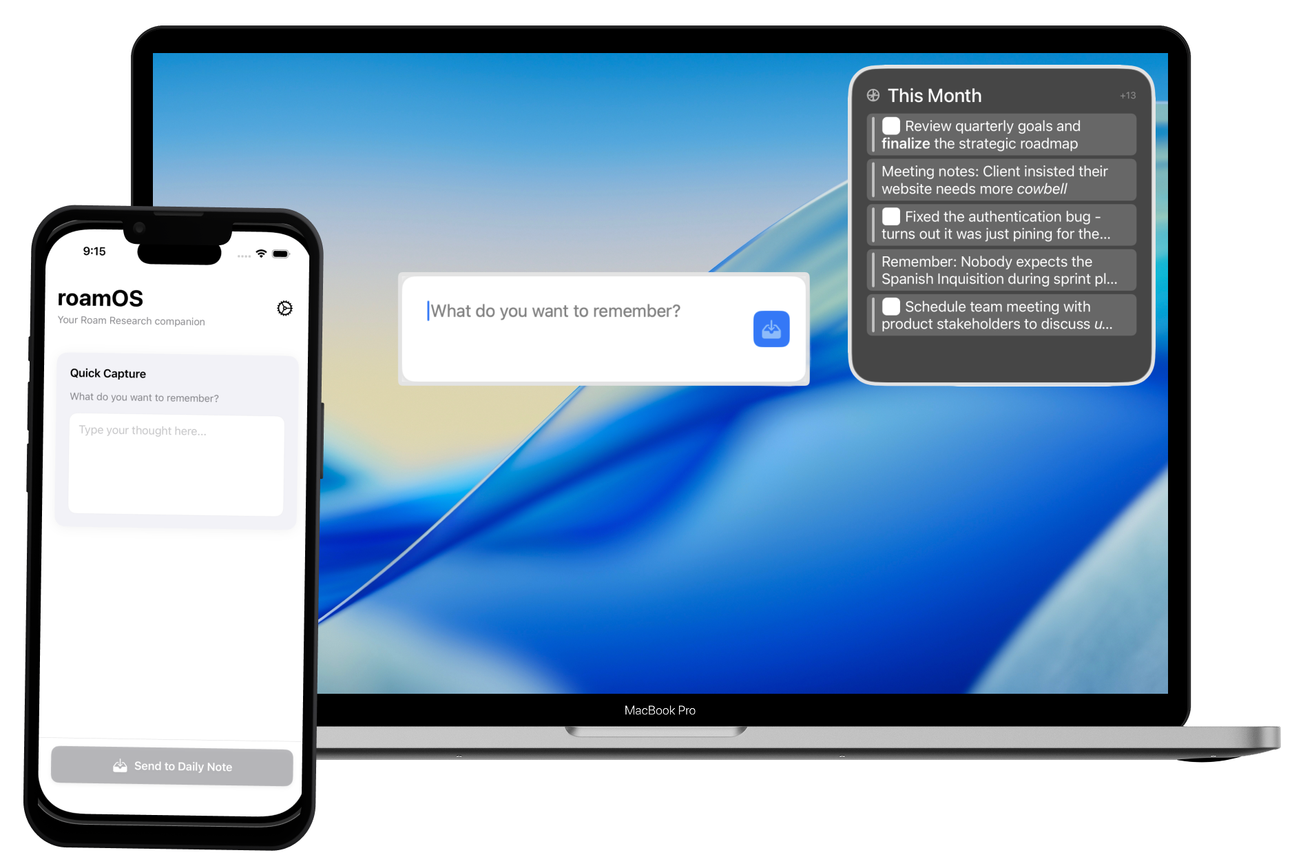 roamOS on iPhone and MacBook showing quick capture and widget interface